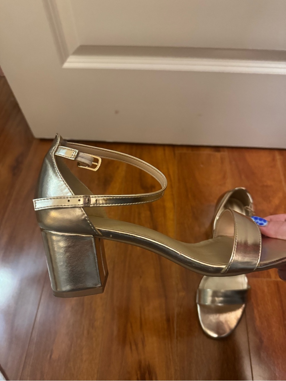Gold Block Heel Ankle-Strap Sandals